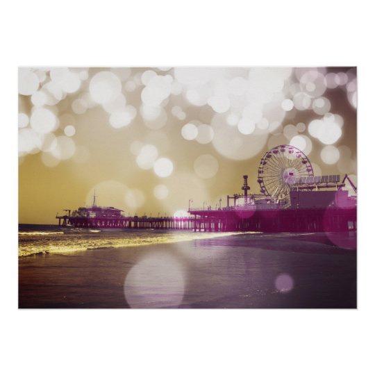 Santa Monica Pier Golden Purple Bokeh Poster