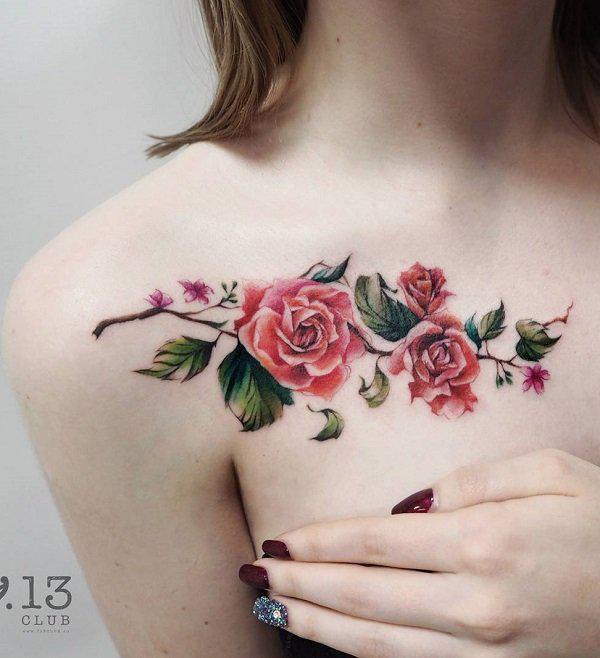 Colorful Realistic #Roses #tattoo above the #chest 