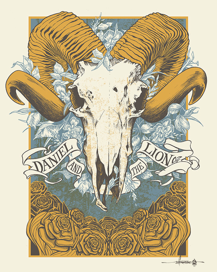 Daniel and the Lion - Summer Tour 2014 #datl #print #design #gig #on #screen #illustration #fire #horns #poster #man #skull #ram #flowers