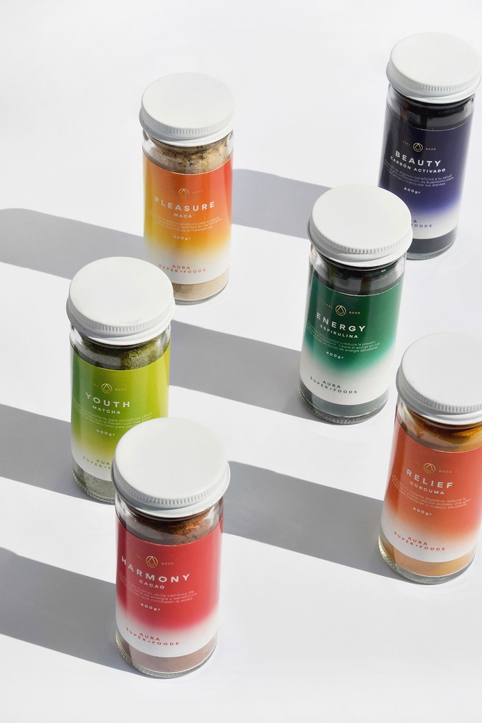 AURA Superfoods Packaging - Mindsparkle Mag Panel Studio designed Aura, a superfood brand inspired by the power of color and emotion. #logo #packaging #identity #branding #design #color #photography #graphic #design #gallery #blog #project #mindsparkle #mag #beautiful #portfolio #designer
