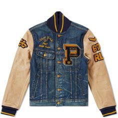 Preppy styling takes cues from retro Varsity jackets with this denim jacket from American outfitters Polo Ralph Lauren. The winter ready jacket is decorated with traditional athletic team patches with striped cuffs and contrasting leather sleeves. An Internal wool lining provides protection from the elements and three front pockets providing space for daily essentials. 100% Cotton Shell Leather Sleeves Wool Blend Lining Varsity Logo Badges
