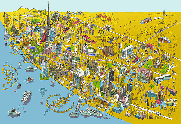 Dubai map illustration by Josh Cochran for Better Homesarabia #dubai #josh #map #cochran #illustration
