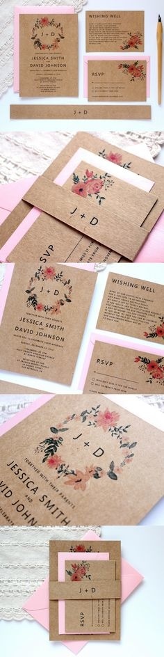 Kraft wedding invitation with pink floral wreath by Paper Bound Love