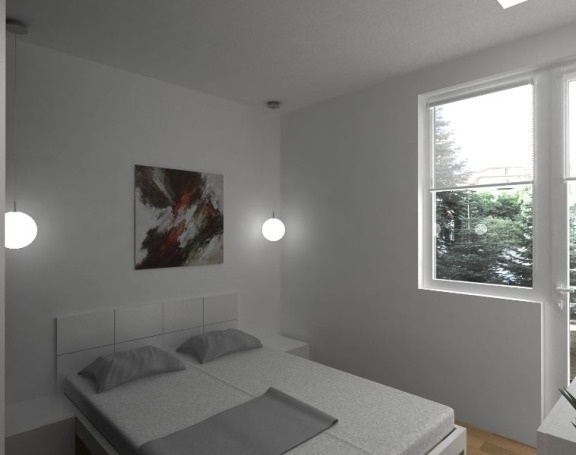Bedroom with abstract painting and minimalist design #interior #abstract #white #modern #design #home #island #kitchen #paintings #minimalist
