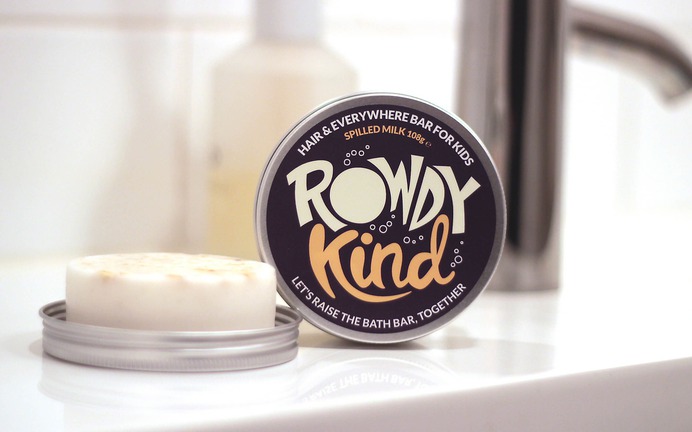 Taller Design Agency Rowdy Kind packaging tin soap bar in bathroom spilled milk