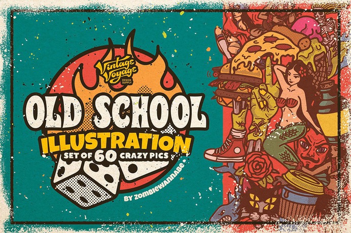 60 crazy characters and graphic elements inspired by old school tattoo. Best graphic design deals on dealjumbo.com - #graphics #bundle #tattoo #funny #illustrations