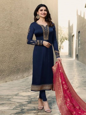 Blue Satin Georgette Embroidered Straight Cut Suit - Inddus.