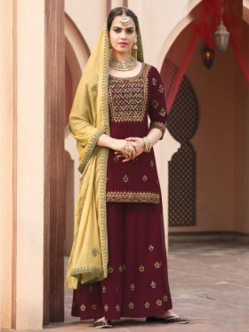 Maroon Embroidered Palazzo Suit - Inddus.