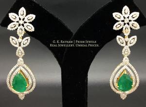 14k Gold and Diamond Long Earring Pair with pear-shaped Green Beryl - gold diamond polki kundan meena jadau jewellery