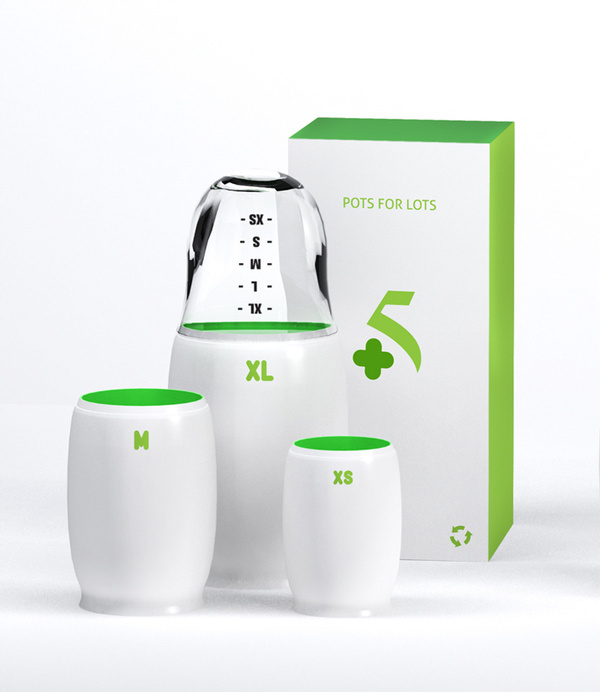 Inspired by nested Russian dolls, +5 Pots for Lots is a creative way to conserve water. Each pot has a letter indicating the size that corre #pots #packaging #design #systems #pot #product #eco #watering