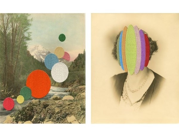 Left: Idyll | 2012 | Hand embroidery on found photograph. Right: Madame Gelati | 2012 | Hand embroidery on found photograph. #juxtaposition #landscape #embroidery #portrait #photography #collage