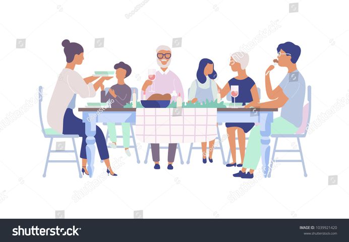 People sitting at table decorated with candles, eating food, drinking wine and talking to each other. Family holiday dinner. Flat cartoon characters isolated on white background. Vector illustration.