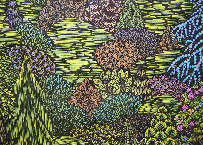 landscape, trees, green, mountain, woodcut, tugboat printshop, printshop