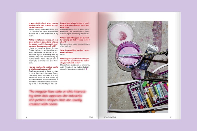 Some Magazine #18—Studio Practice delves into the concept of the artist's studio throughout history. From its origins as a legendary and fabled place in the early Renaissance to its transformation into a dynamic and adaptable space in the digital age, the artist's studio has undergone significant changes over time. 

This issue examines how artists' practices have shifted alongside with technological advancement and artistic trends. The magazine examines the concept of "studio practice" and describes how artists organize their creative processes from inspiration to presentation. This issue invites readers to explore the multifaceted nature of creative work and the diverse approaches creative practitioners pursue in shaping their artistic practice.

Since 2010, changing editorial teams of young design students research, write, and layout the bi-annual Some Magazine. It is a part of the experimental design course of Prof. Sven Völker at the University of Applied Sciences Potsdam.

Some Magazine #18—Studio Practice
A Magazine for Visual Inventors

Publisher: Slanted Publishers
Editors: University of Applied Sciences Potsdam, Prof. Sven Völker
Design & Concept: Prof. Sven Völker, Annalena Nerea Abramczik, Jade Cassidy Eder, Laura Höpke, Iuliia Krasnoperova, Eva Wilimzig
Release: May 2024
Format: 17 × 24 cm
Volume: 80 pages
Language: English 
Printing: full-color offset printing, Printmedia Solutions, Germany
Workmanship: softcover with perfect binding and hot-foil embossing
ISBN: 978-3-948440-72-5
Price: €12.– (DE)

Buy: slanted.de/product/some-magazine-18-studio-practice
