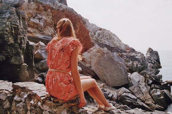 On the rocks #woman #rocks #portrait #photography #vintage #film #dress
