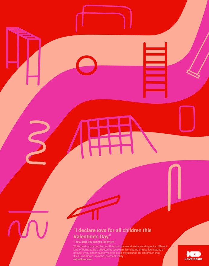 Playground illustration for kids. For Love Bomb—a fundraiser (hosted by Reload Love) that helps kids affected by terrorism around the world | Brand identity, event design, logo and illustration by Brittany Byrne | Copywriting by Francesca Garcia | Color, kids, playground, love + Valentine's Day