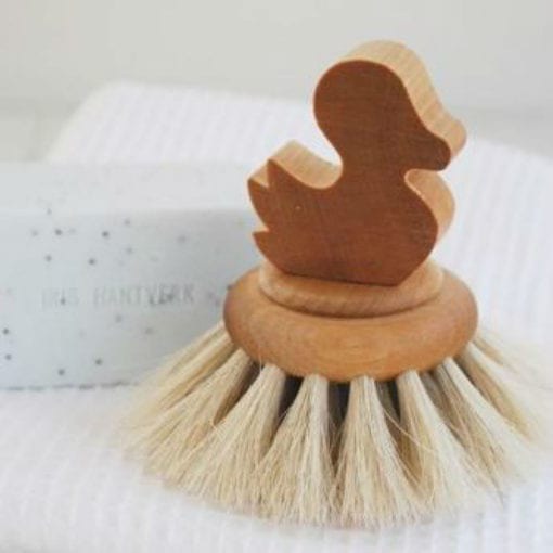 Duck Bath Brush This Duck Bath Brush is a charming and durable tool to keep in the bath. Handmade in Sweden, it is made using oil-treated birch and horsehair, which is soft and pliable.