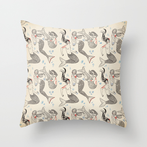 Sirens & bubbles - print + pattern Throw Pillow #pattern #bubbles #pillow #sea #mermaid #siren