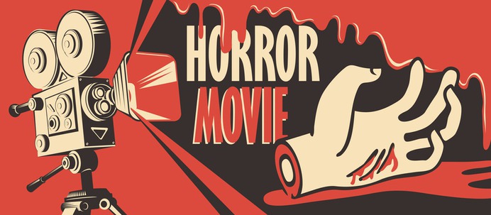 Vector+banner+for+festival+horror+movie.+Illustration+with+old+film+projector+and+a+severed+hand+in+a+puddle+of+blood.+Scary+cinema.+Horror+film+night.+Can+be+used+for+ad,+flyer,+web+design,+tickets.