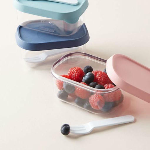 Take your fruit anywhere with the Fruit Snack Box! This transparent box is large enough to carry a variety of different fruits. Its lid seals tightly to keep fruits fresh all day. It is easy for children to open and includes a fork for convenience. BPA-free and dishwasher-safe.