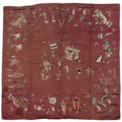 Wall hanging made from purple grundiger silk embroidery, with a representation of children at play