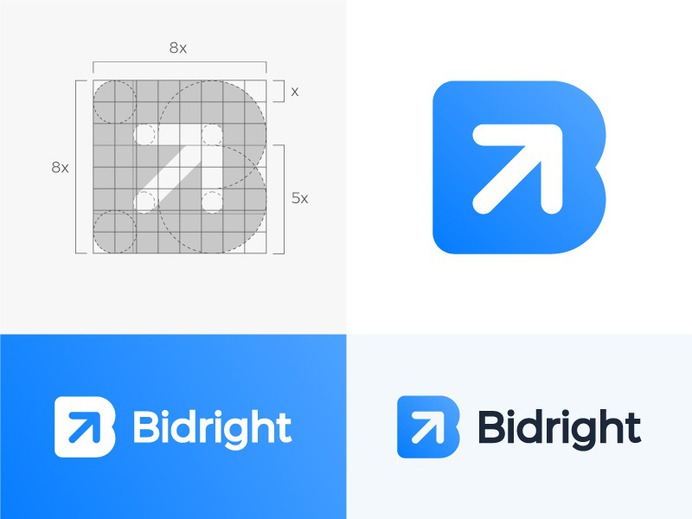 Logo concept for construction bidding platform search all-in-one contractor branding contracting contract brand connect job find space grid network right up negative mark wordmark growth arrow letter icon bid b monogram