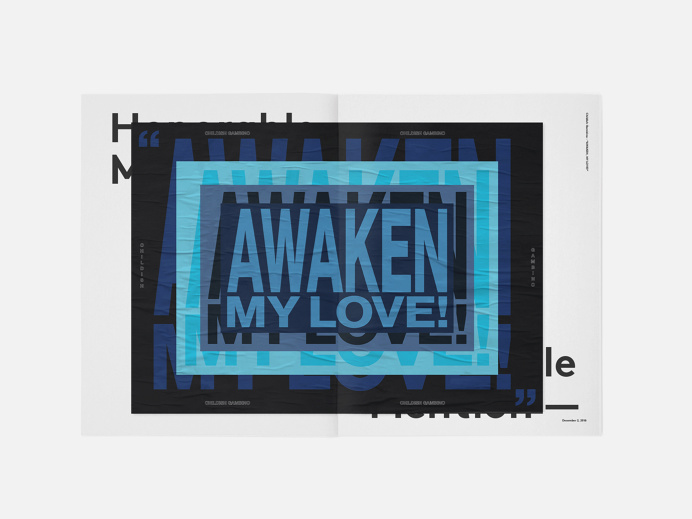 "Awaken, My Love!" #print #spread #childish #gambino #brutalist #grotesk #layers #lyrics #layout #wheatpaste #book #music #magazine