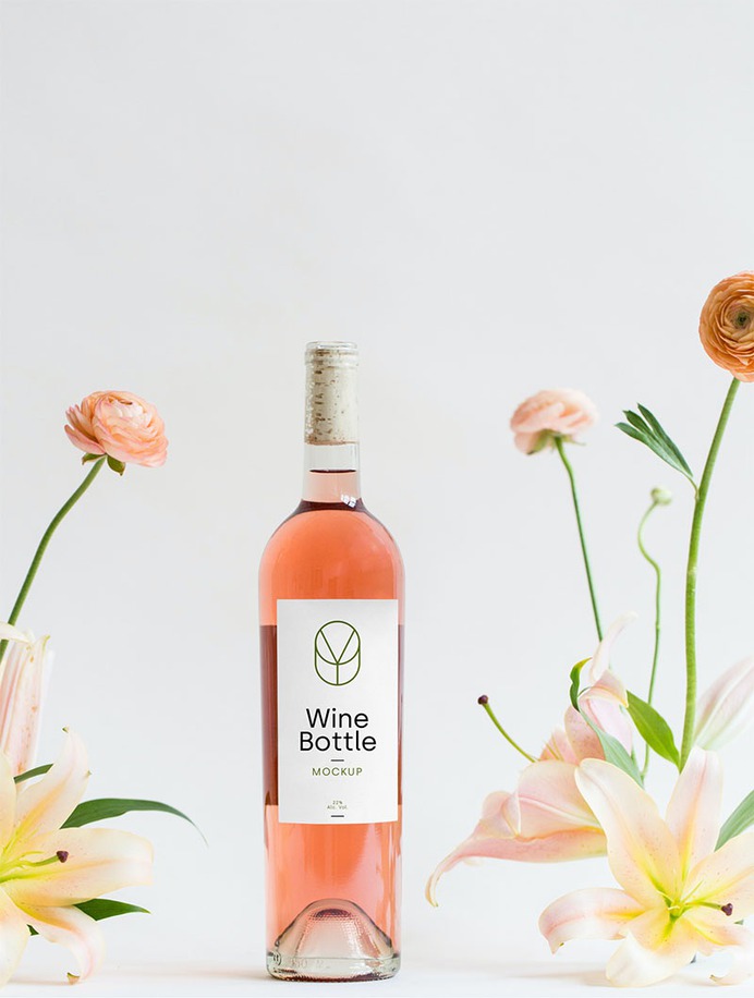 Floral Scene Wine Bottle Mockup - Free PSD