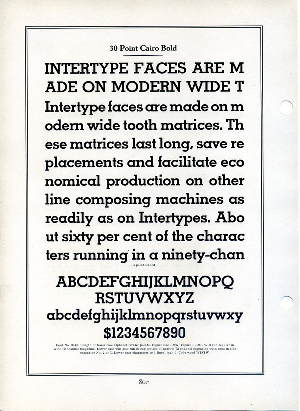 This type specimen shows Interype's Cairo. Cairo is a knockoff of Memphis, a Rudolf Wolf typeface released by Stempel in 1929. #type #specimen #typography