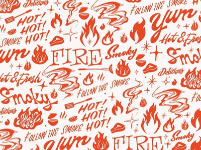 Pattern restaurant smoke fire branding lettering illustration