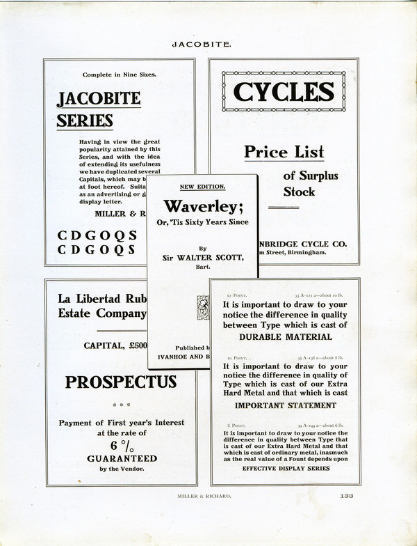 Vintage type specimen of the Jacobite font from Miller & Richard. #specimen #design #graphic #type #typography