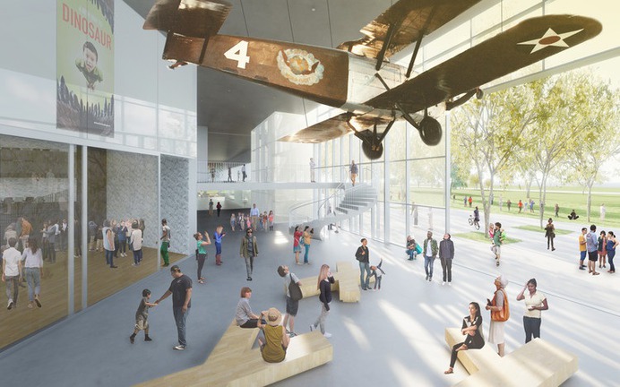 New Lobby, Welcome Center and Theater Entrance: A new entrance on the southwest corner provides direct access from Exposition Park's South Lawn into NHM's new immersive theater for performances, screenings, lectures, satellite-transmitted scientific expeditions from around the world, and a variety of community gatherings. Visually and physically connected to the existing museum building's ground level temporary exhibition Gallery and first floor Welcome Center loggia, this new entrance also allows for access to the theater and restaurant outside of museum hours.. Image Courtesy of Natural History Museum of Los Angeles County