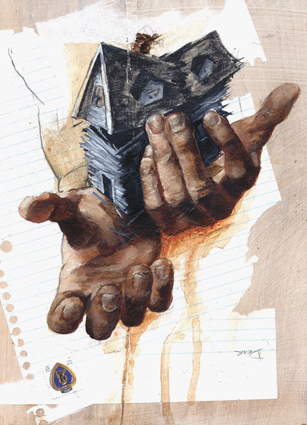 Change of Address - Matt Duquette #house #illsutration #painting #hands #mixed #media #collage