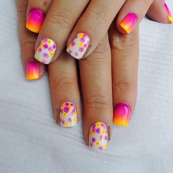Take a look at this cute flower themed gradient nail art design.