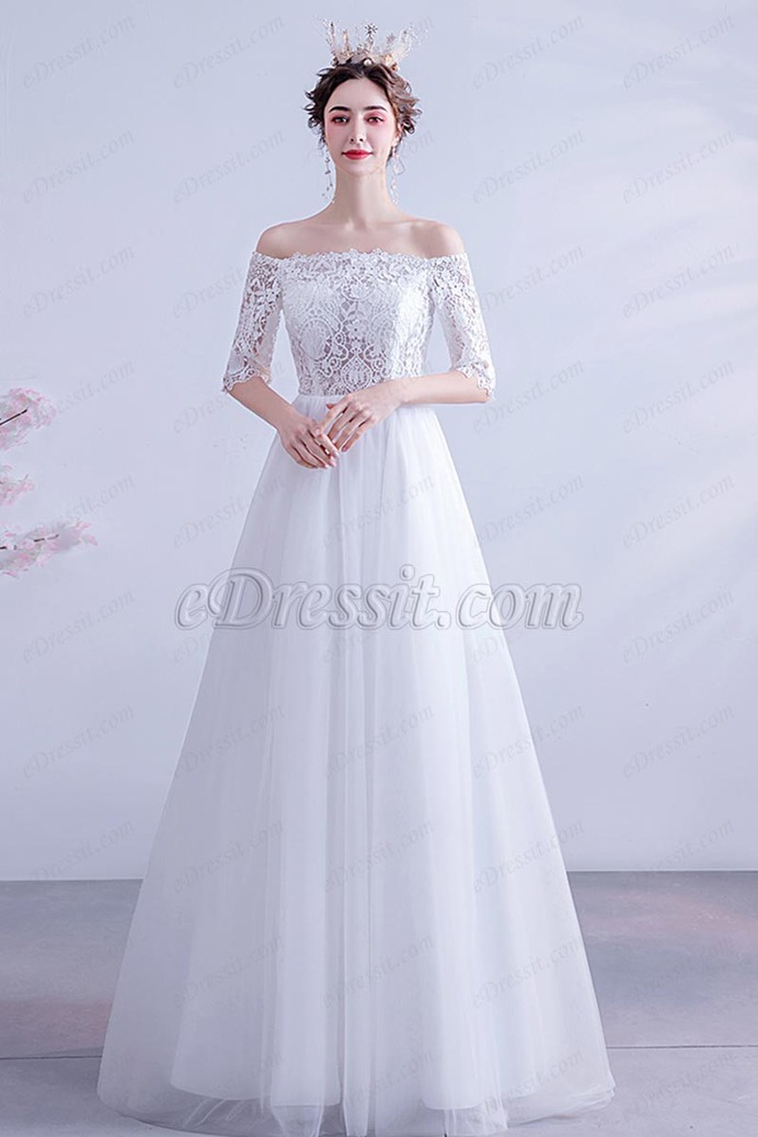 eDressit Sexy OFF Shoulder Sleeves White Tulle Wedding Dress (36225307)