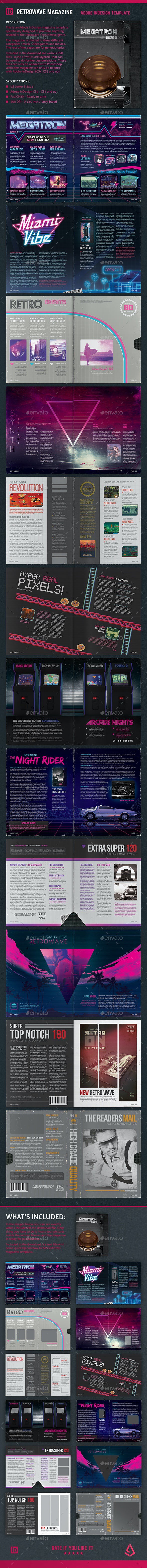Retrowave Magazine Template Synthwave 24 Pages Indesign - Magazines Print Templates