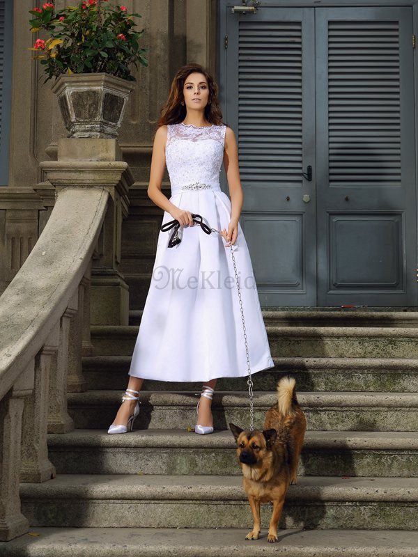 Prinzessin A-Linie Satin Knöchellanges Brautkleid mit Empire Taille