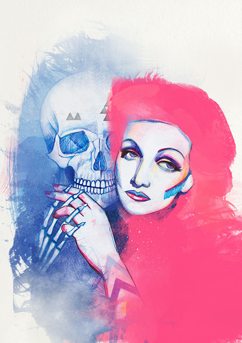Illustrations by Cristina Polop (4) #girl #pink #color #drawing #illustration #blue #skull #pencil