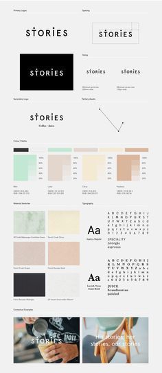 Stories Branding - Identity Design - Logotype, Logo, Scandinavian Typography, Dots, Connect the dots, Links, Story, Cool pastel tones, Green, Orange, Yellow, Black, Clean, Modern