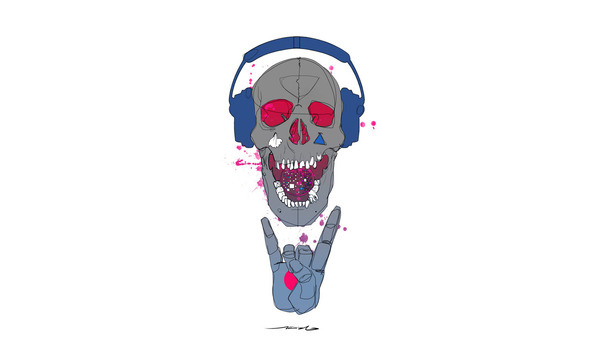 Illustrations by Okan Akgöl | LLGD.net #pink #rock #headphones #on #illustration #blue #skull #drawing