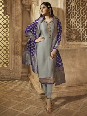 Bollywood Diva Drashti Dhami Style Grey Satin Georgette Embroidered Straight Cut Suit - Inddus.