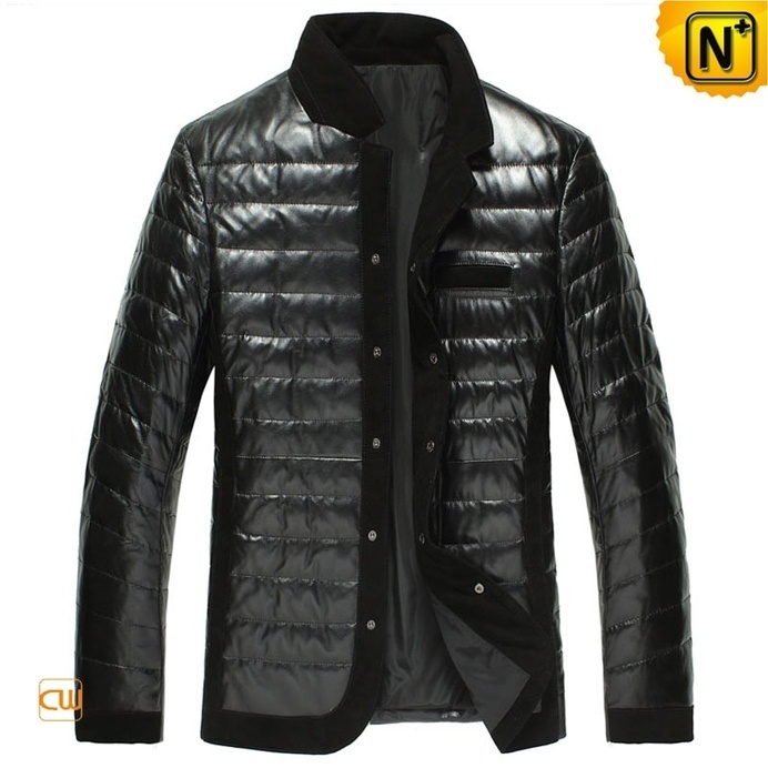 Mens Quilted Down-Filled Black Leather Jacket CW848332 #jacket #mens #leather