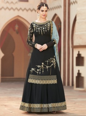 Black Embroidered Palazzo Suit - Inddus.