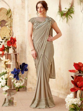 Buy Pristine Beige Lycra One Minute Saree Online