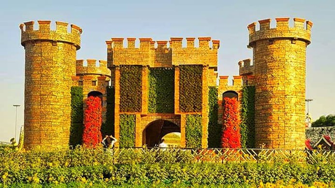 Flower fort at the Dubai Miracle Garden. This flower fort became part of the garden in its Season 7. It is still part of the garden in its Season 8.