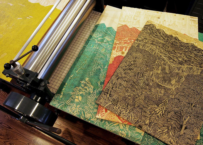 landscape, trees, green, mountain, woodcut, tugboat printshop, printshop