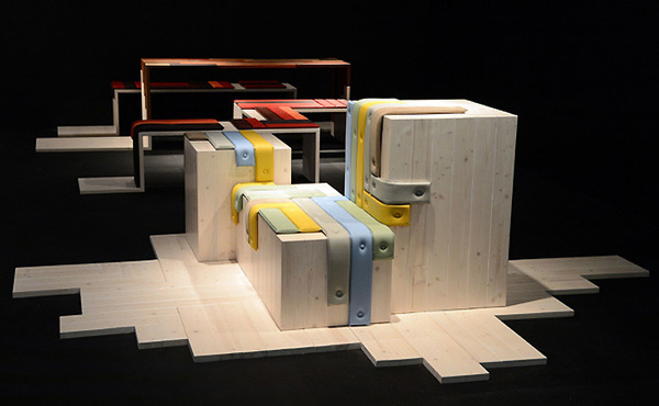 Transformations installation by Maarten de Ceulaer for Fendi materials furniture 2 exhibit design #straps #wood #leather #installation