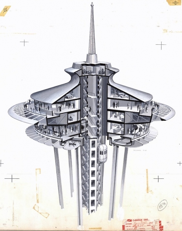 cross+section+of+the+restaurant+and+observation+deck+at+the+top+of+the+Space+Needle,+which+was+designed+for+the+1962+Seattle+World's+Fair+Exhibition.. #needle #illustration #concept #space