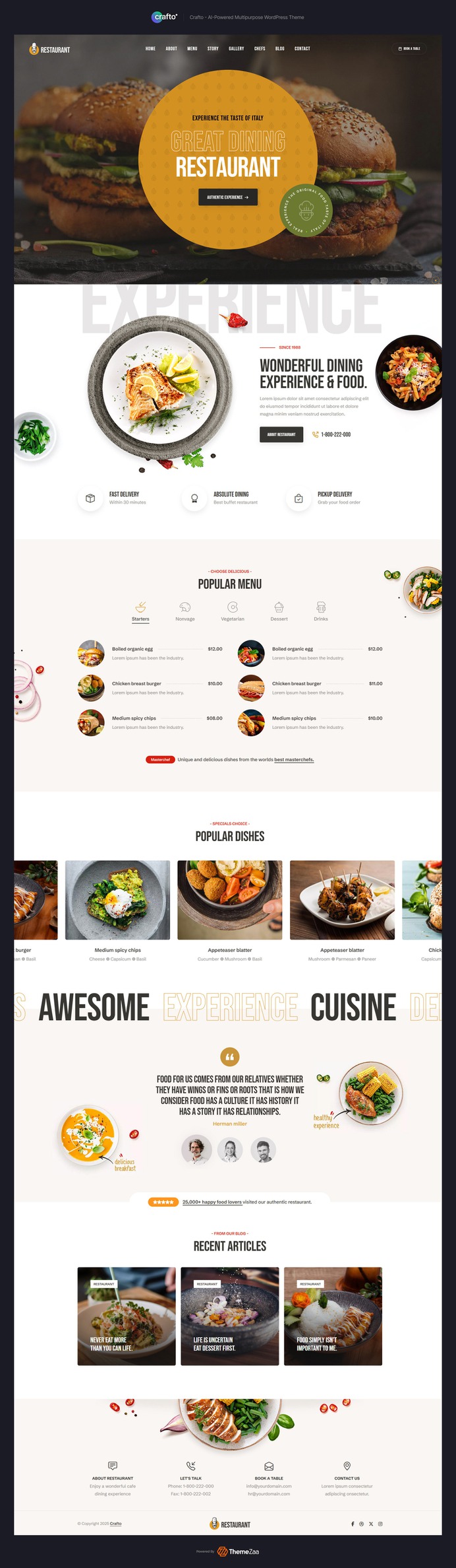 #Crafto #Restaurant by #ThemeZaa is a mouthwatering fusion of smart design and user-friendly functionality, tailored perfectly for modern restaurants, cafes, and food brands. This demo blends clean layouts with rich imagery to highlight your menu, ambiance, and story in the most appetizing way possible. Built using the #AI-powered Crafto #WordPress #Theme, it offers seamless #Elementor editing, quick-loading pages, and WooCommerce compatibility for online reservations or food ordering. Every scroll feels like flipping through a high-end digital menu - responsive, elegant, and irresistibly inviting. Whether you're a fine-dining establishment or a cozy bistro, Crafto Restaurant serves the perfect online presence on a silver platter.