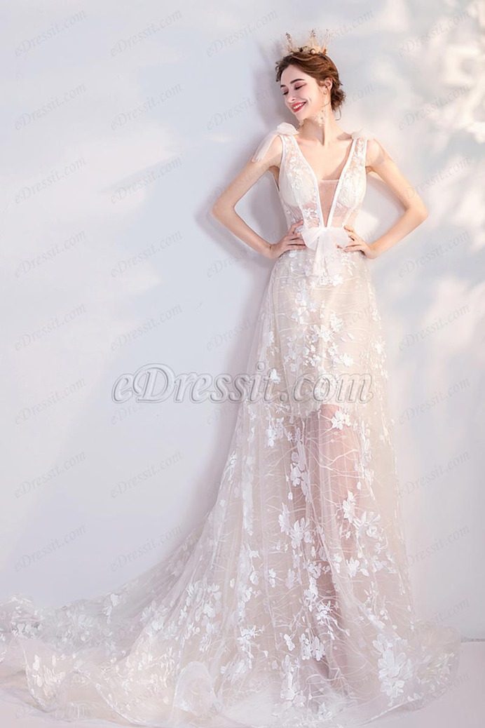 eDressit Sexy Deep V-Cut Lace Tulle Long Wedding Bridal Dress (36227207)